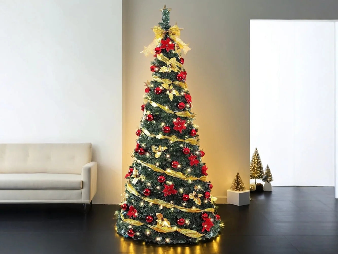 Árbol de Navidad plegable de 1,2/1,5/1,8/2,1 m, ideal para el hogar, con luces, ideal como adorno para centro comercial o como regalo de Año Nuevo.