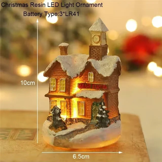 Casa LED navideña con agujas de pino, muñeco de nieve, decoración luminosa, resina, Papá Noel, tienda, micro adornos paisajísticos.