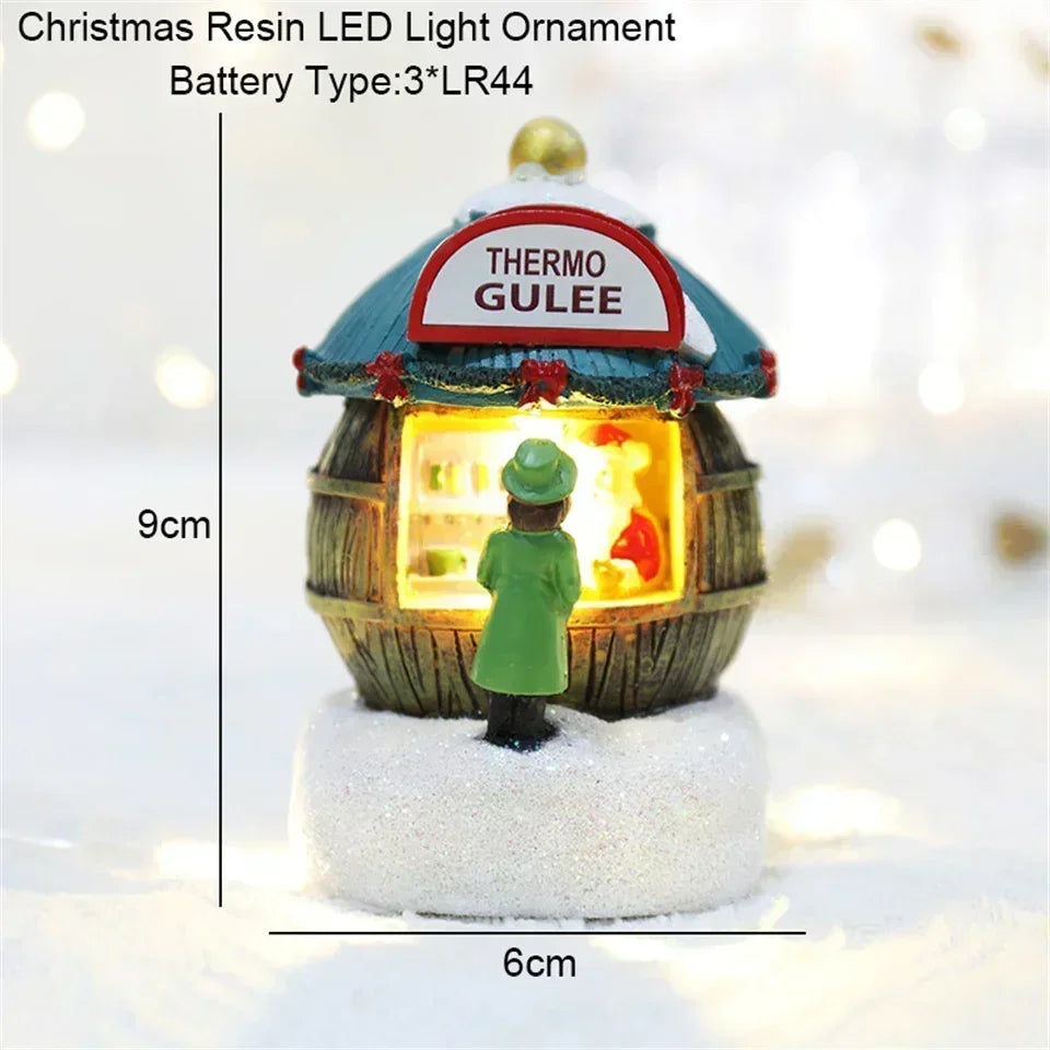 Casa LED navideña con agujas de pino, muñeco de nieve, decoración luminosa, resina, Papá Noel, tienda, micro adornos paisajísticos.