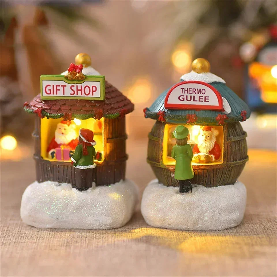 Casa LED navideña con agujas de pino, muñeco de nieve, decoración luminosa, resina, Papá Noel, tienda, micro adornos paisajísticos.