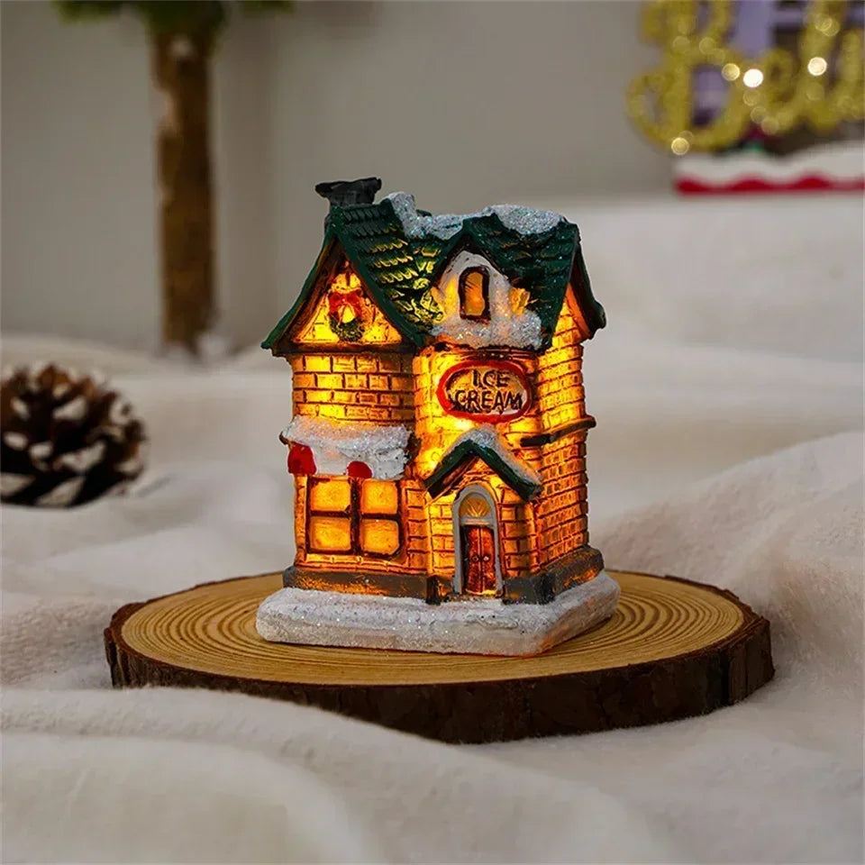 Casa LED navideña con agujas de pino, muñeco de nieve, decoración luminosa, resina, Papá Noel, tienda, micro adornos paisajísticos.