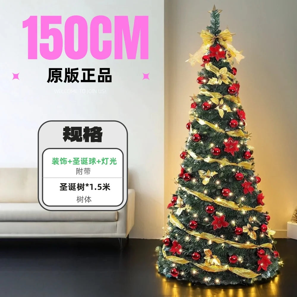 Árbol de Navidad plegable de 1,2/1,5/1,8/2,1 m, ideal para el hogar, con luces, ideal como adorno para centro comercial o como regalo de Año Nuevo.