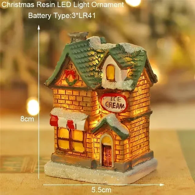 Casa LED navideña con agujas de pino, muñeco de nieve, decoración luminosa, resina, Papá Noel, tienda, micro adornos paisajísticos.