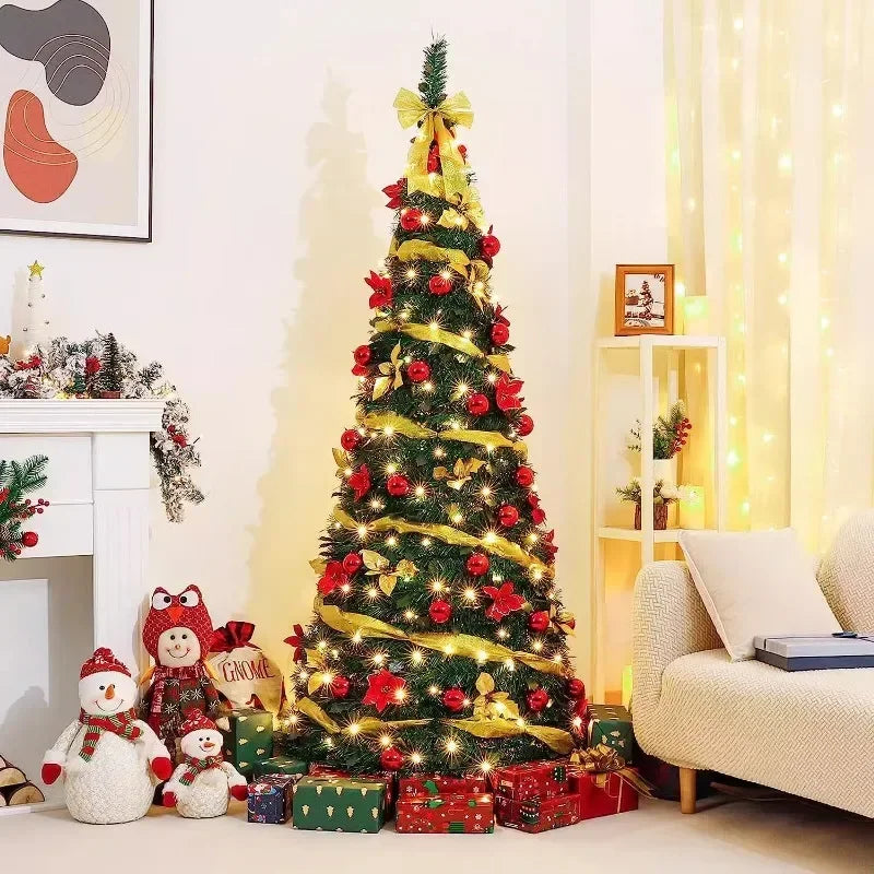Árbol de Navidad plegable de 1,2/1,5/1,8/2,1 m, ideal para el hogar, con luces, ideal como adorno para centro comercial o como regalo de Año Nuevo.