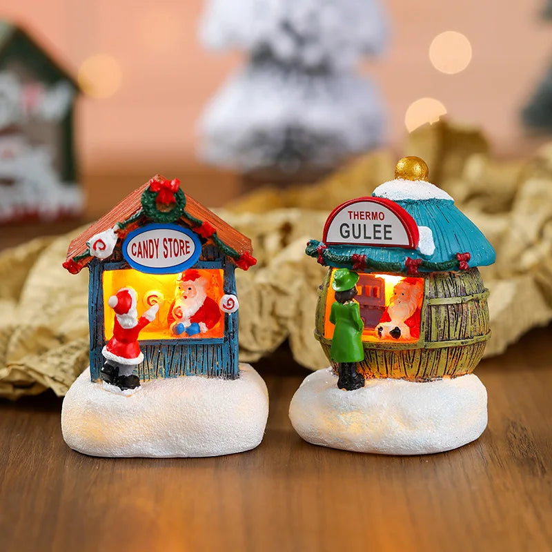 Casa LED navideña con agujas de pino, muñeco de nieve, decoración luminosa, resina, Papá Noel, tienda, micro adornos paisajísticos.