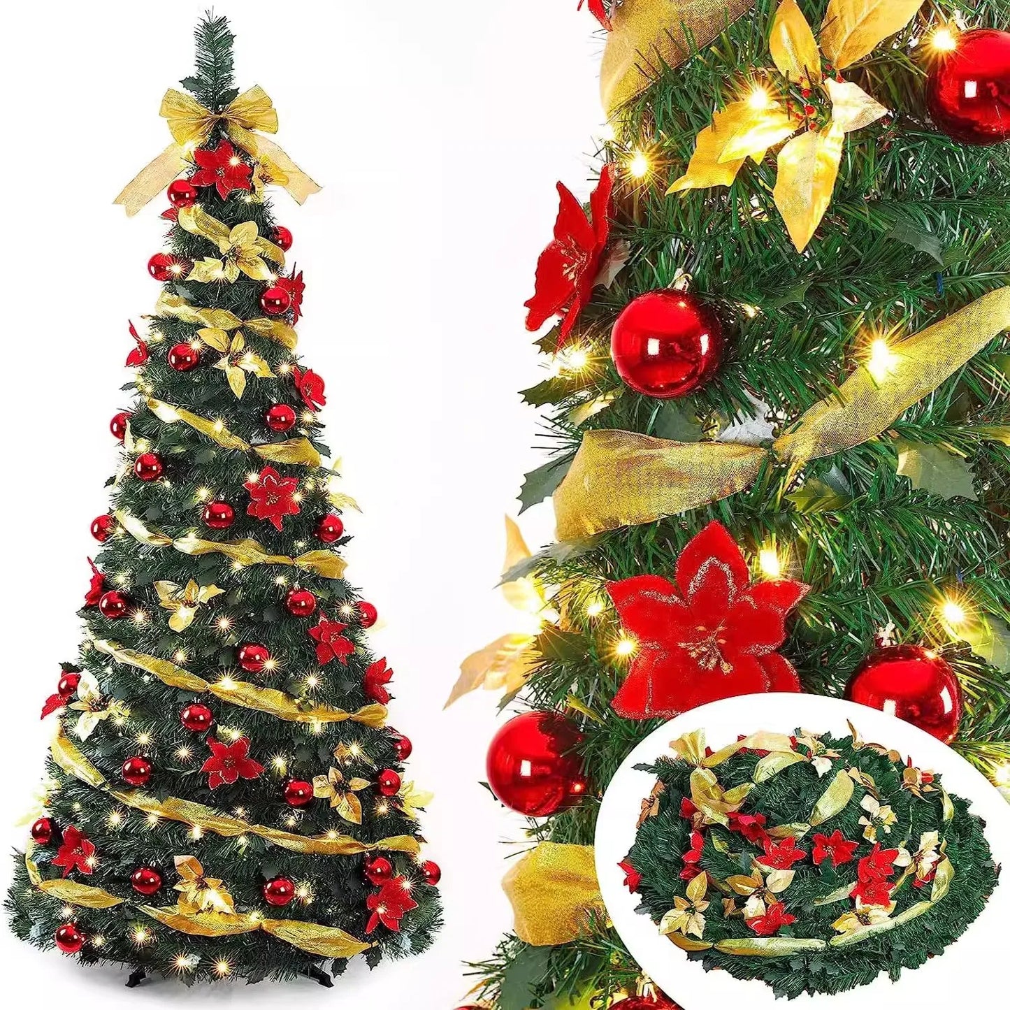 Árbol de Navidad plegable de 1,2/1,5/1,8/2,1 m, ideal para el hogar, con luces, ideal como adorno para centro comercial o como regalo de Año Nuevo.