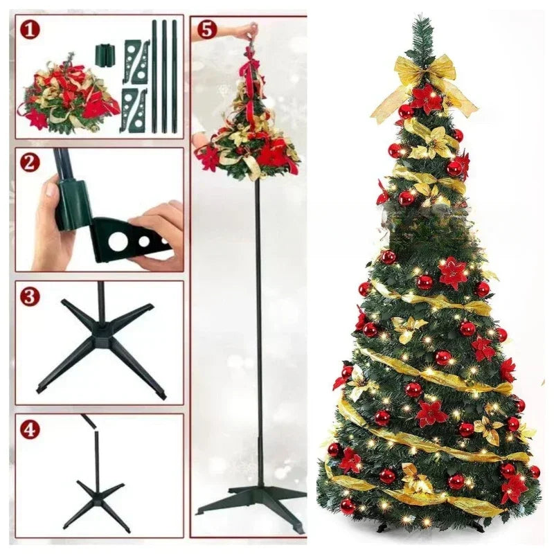 Árbol de Navidad plegable de 1,2/1,5/1,8/2,1 m, ideal para el hogar, con luces, ideal como adorno para centro comercial o como regalo de Año Nuevo.