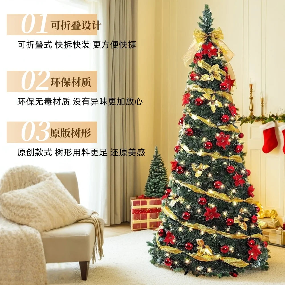 Árbol de Navidad plegable de 1,2/1,5/1,8/2,1 m, ideal para el hogar, con luces, ideal como adorno para centro comercial o como regalo de Año Nuevo.
