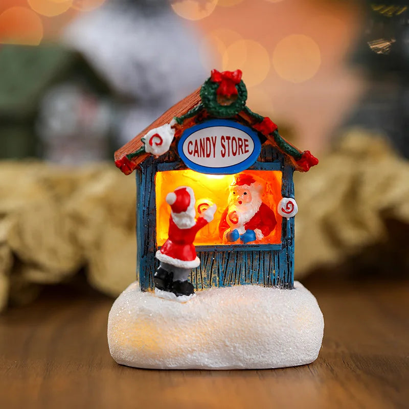 Casa LED navideña con agujas de pino, muñeco de nieve, decoración luminosa, resina, Papá Noel, tienda, micro adornos paisajísticos.
