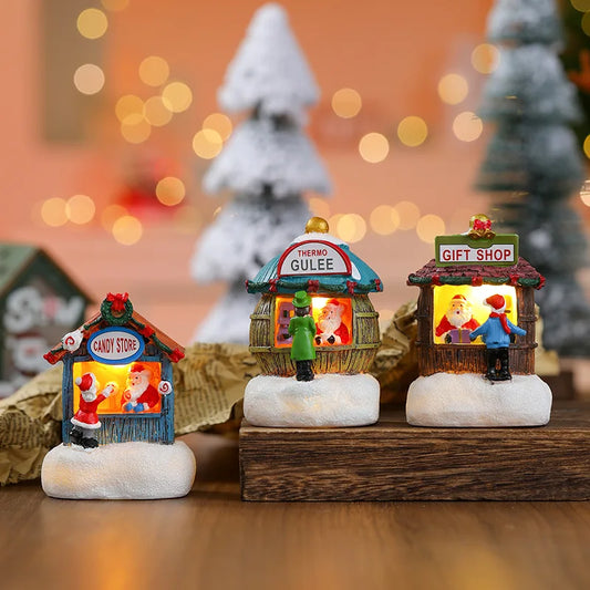 Casa LED navideña con agujas de pino, muñeco de nieve, decoración luminosa, resina, Papá Noel, tienda, micro adornos paisajísticos.
