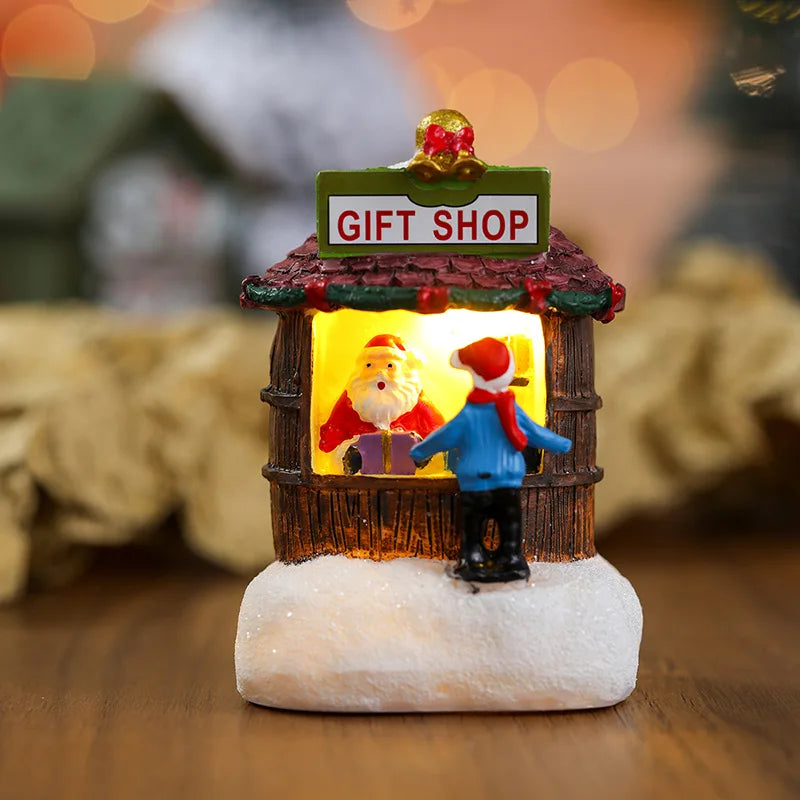 Casa LED navideña con agujas de pino, muñeco de nieve, decoración luminosa, resina, Papá Noel, tienda, micro adornos paisajísticos.