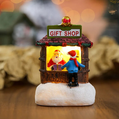 Casa LED navideña con agujas de pino, muñeco de nieve, decoración luminosa, resina, Papá Noel, tienda, micro adornos paisajísticos.