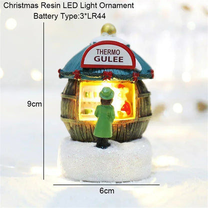 Casa LED navideña con agujas de pino, muñeco de nieve, decoración luminosa, resina, Papá Noel, tienda, micro adornos paisajísticos.
