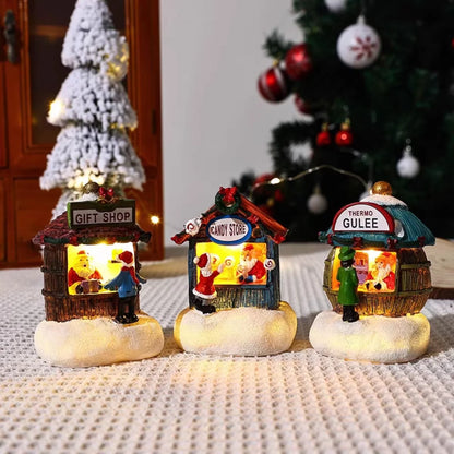 Casa LED navideña con agujas de pino, muñeco de nieve, decoración luminosa, resina, Papá Noel, tienda, micro adornos paisajísticos.