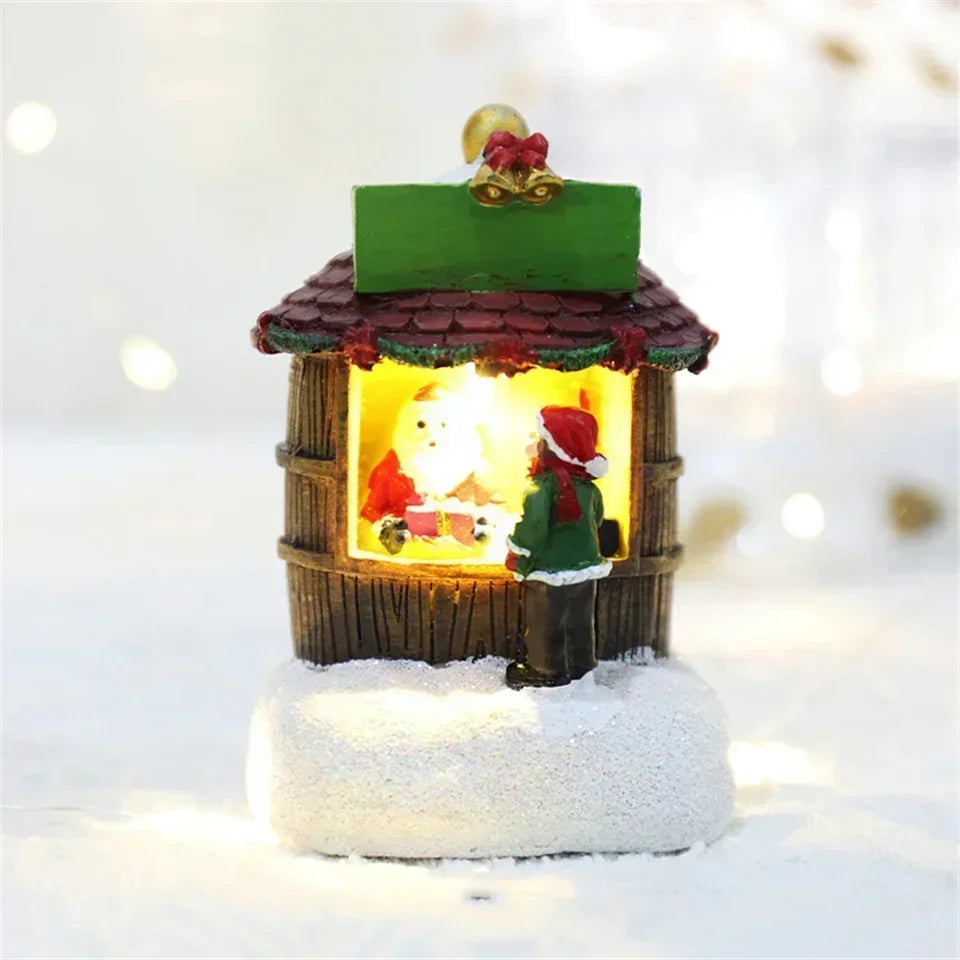 Casa LED navideña con agujas de pino, muñeco de nieve, decoración luminosa, resina, Papá Noel, tienda, micro adornos paisajísticos.