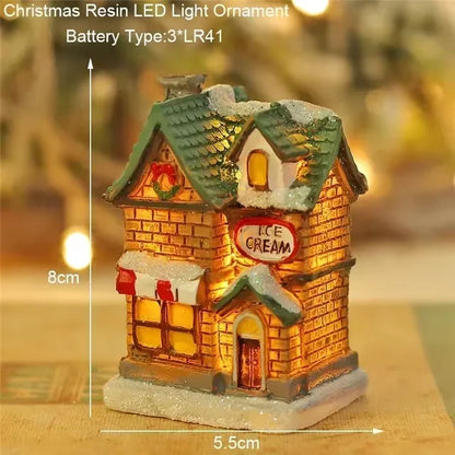 Casa LED navideña con agujas de pino, muñeco de nieve, decoración luminosa, resina, Papá Noel, tienda, micro adornos paisajísticos.