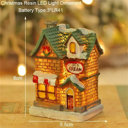 Casa LED navideña con agujas de pino, muñeco de nieve, decoración luminosa, resina, Papá Noel, tienda, micro adornos paisajísticos.