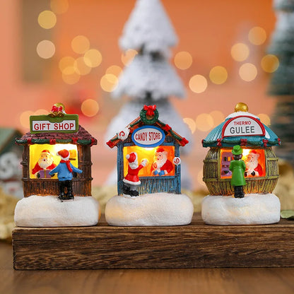 Casa LED navideña con agujas de pino, muñeco de nieve, decoración luminosa, resina, Papá Noel, tienda, micro adornos paisajísticos.